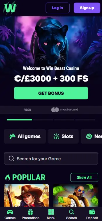 Main Page of Win Beast Casino App