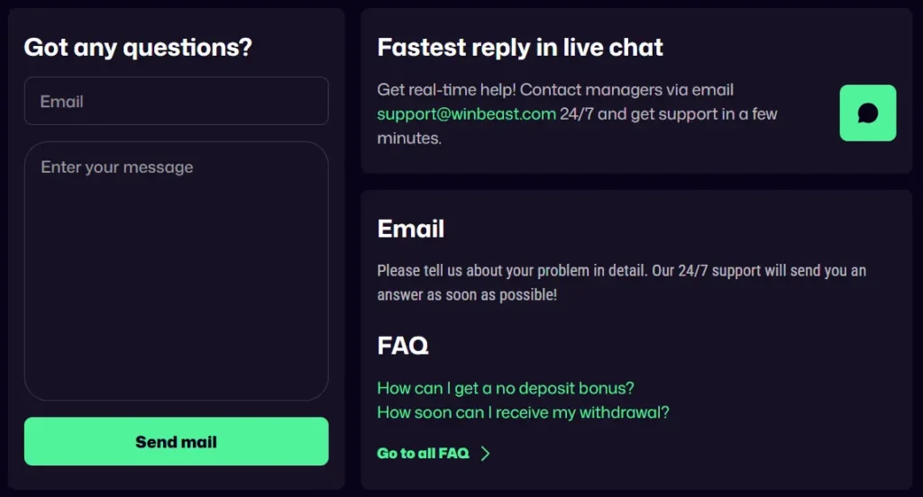 Customer Support at Win Beast Casino